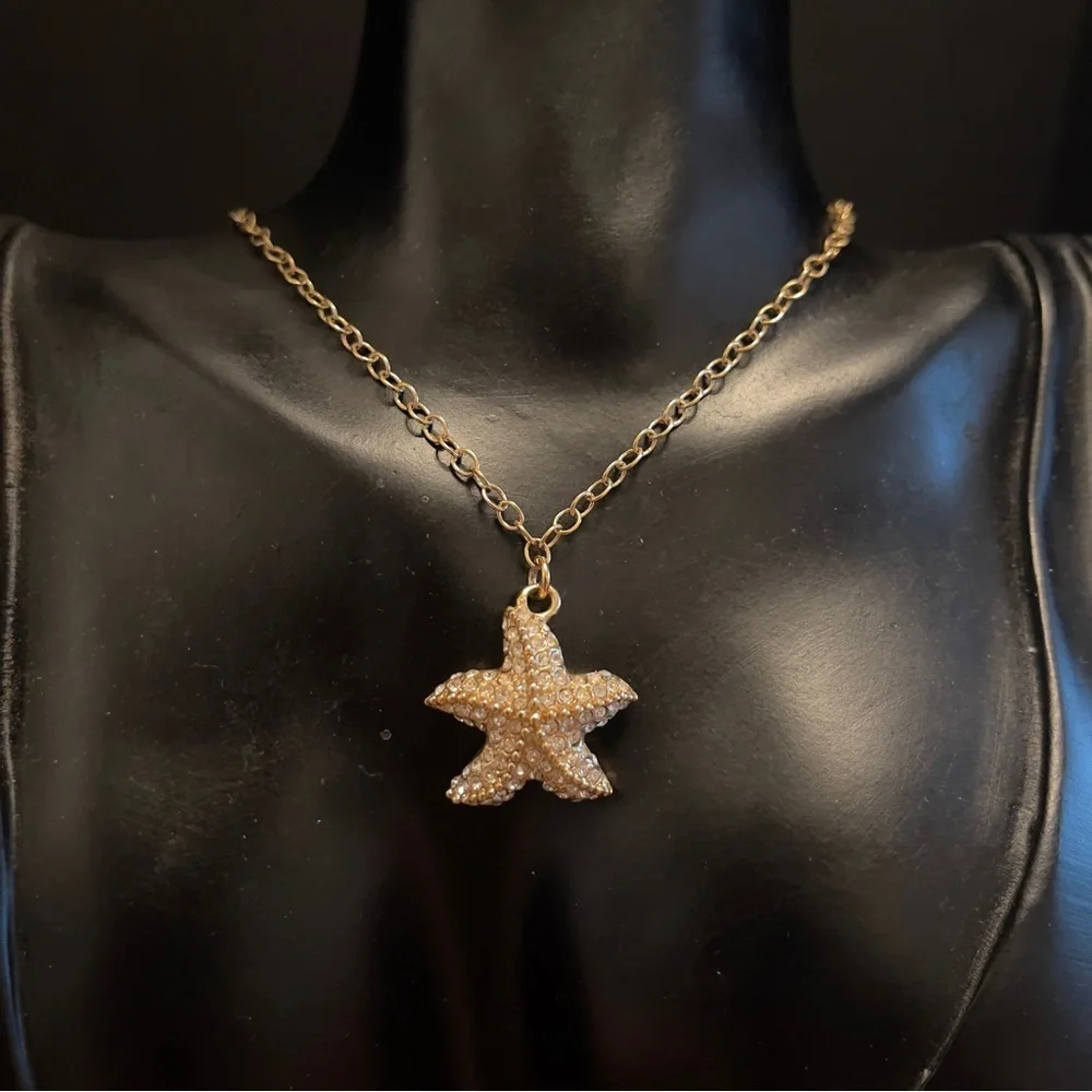 J crew sea star cz gold tone long statement necklace
